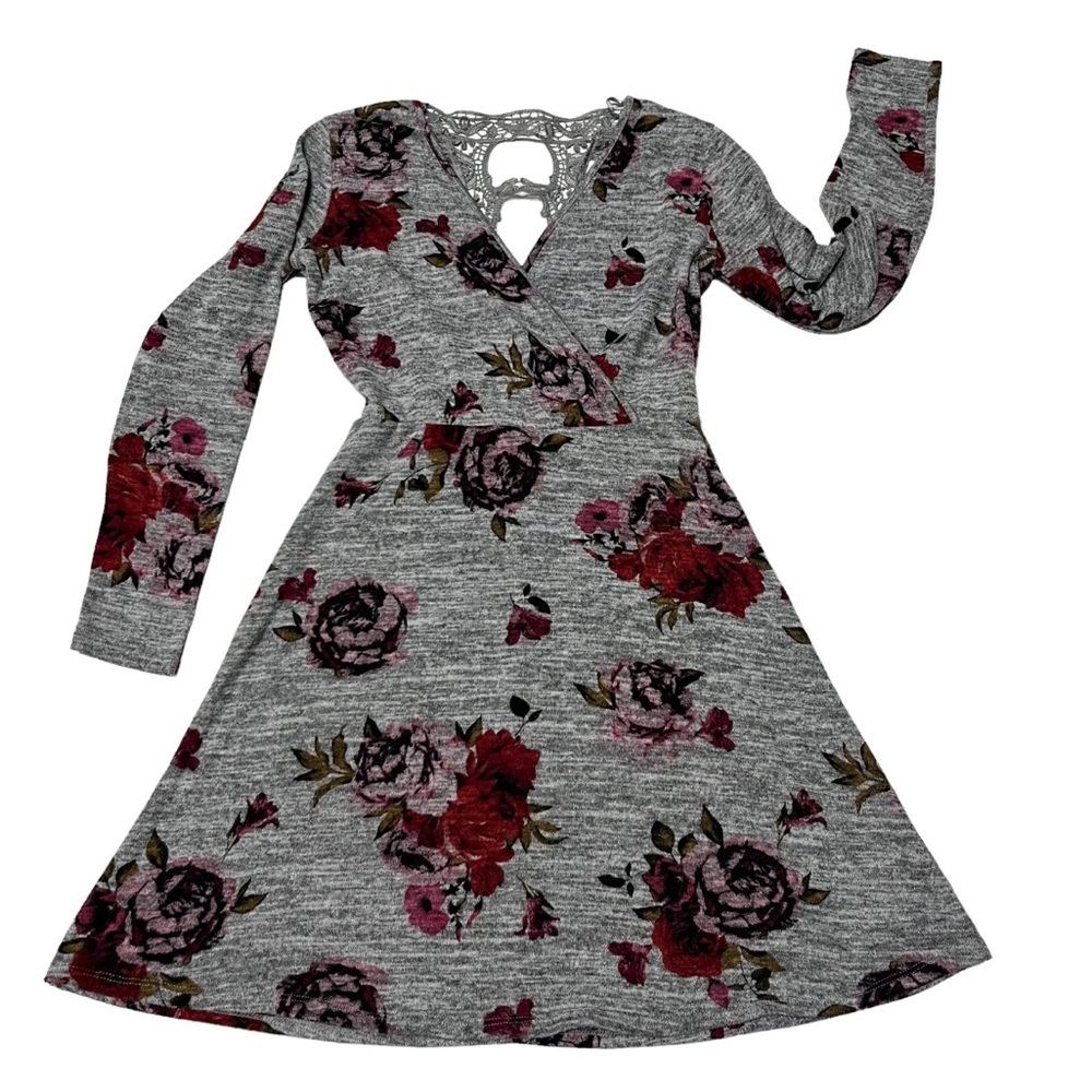 candies womens long sleeve short dress small floral gray corduroy pullover knit.